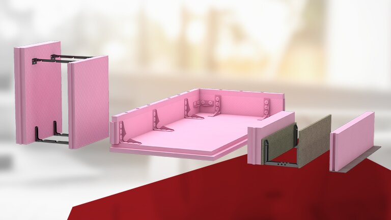 Rosa Dämmelemente mit Montagehalterungen für Schalungsbau.